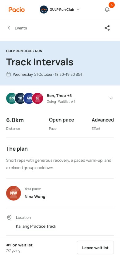 Mobile Track Intervals event with attendee avatars, session details, and a clear number-one waitlist position