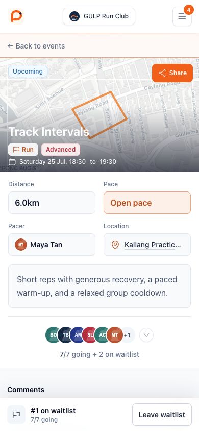 Mobile Pacio event page showing a GPX route, attendee avatars, and first position on the waitlist