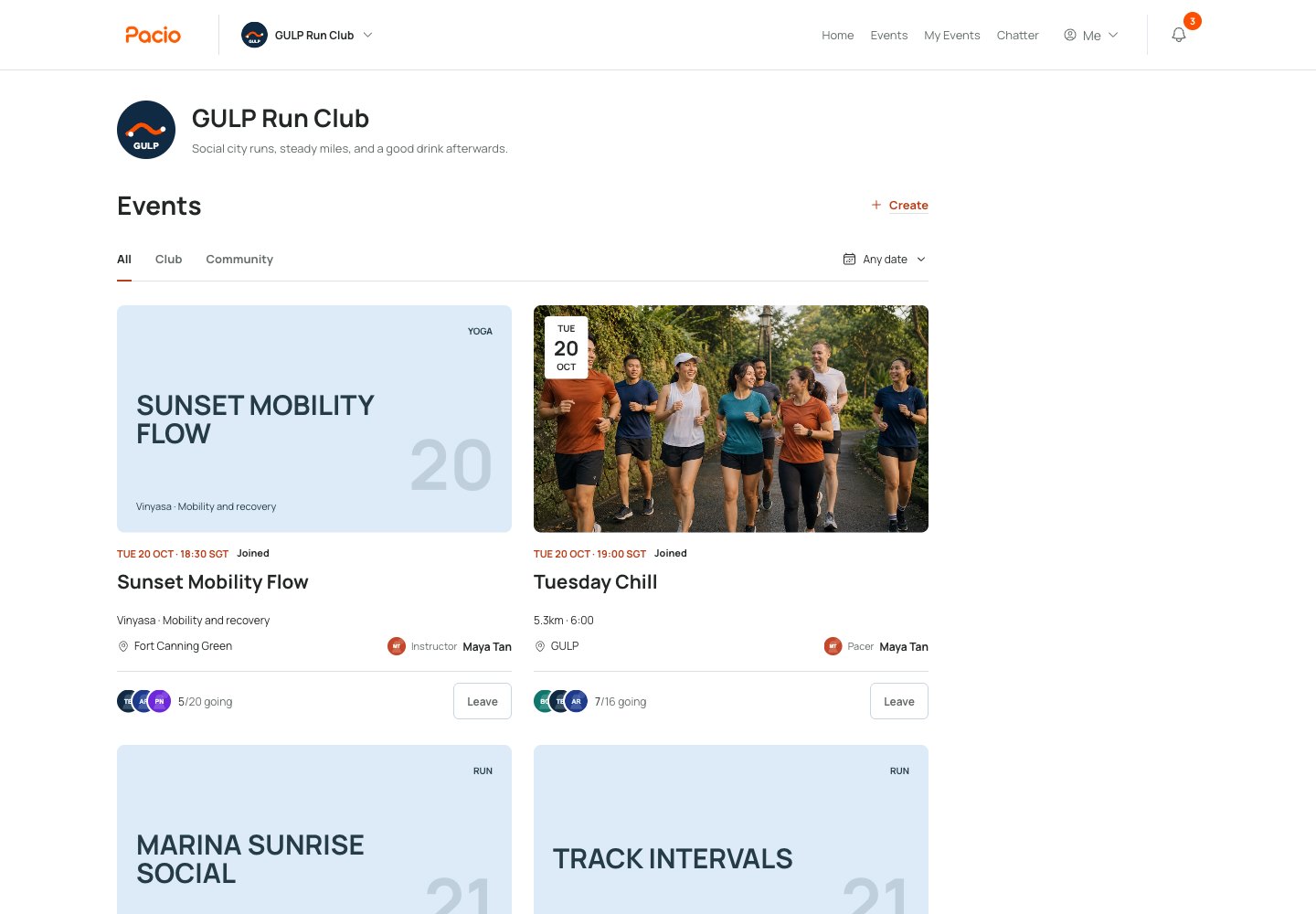 Pacio Clubhouse event feed showing yoga and running events with photo and title covers, dates, attendees, and signup actions