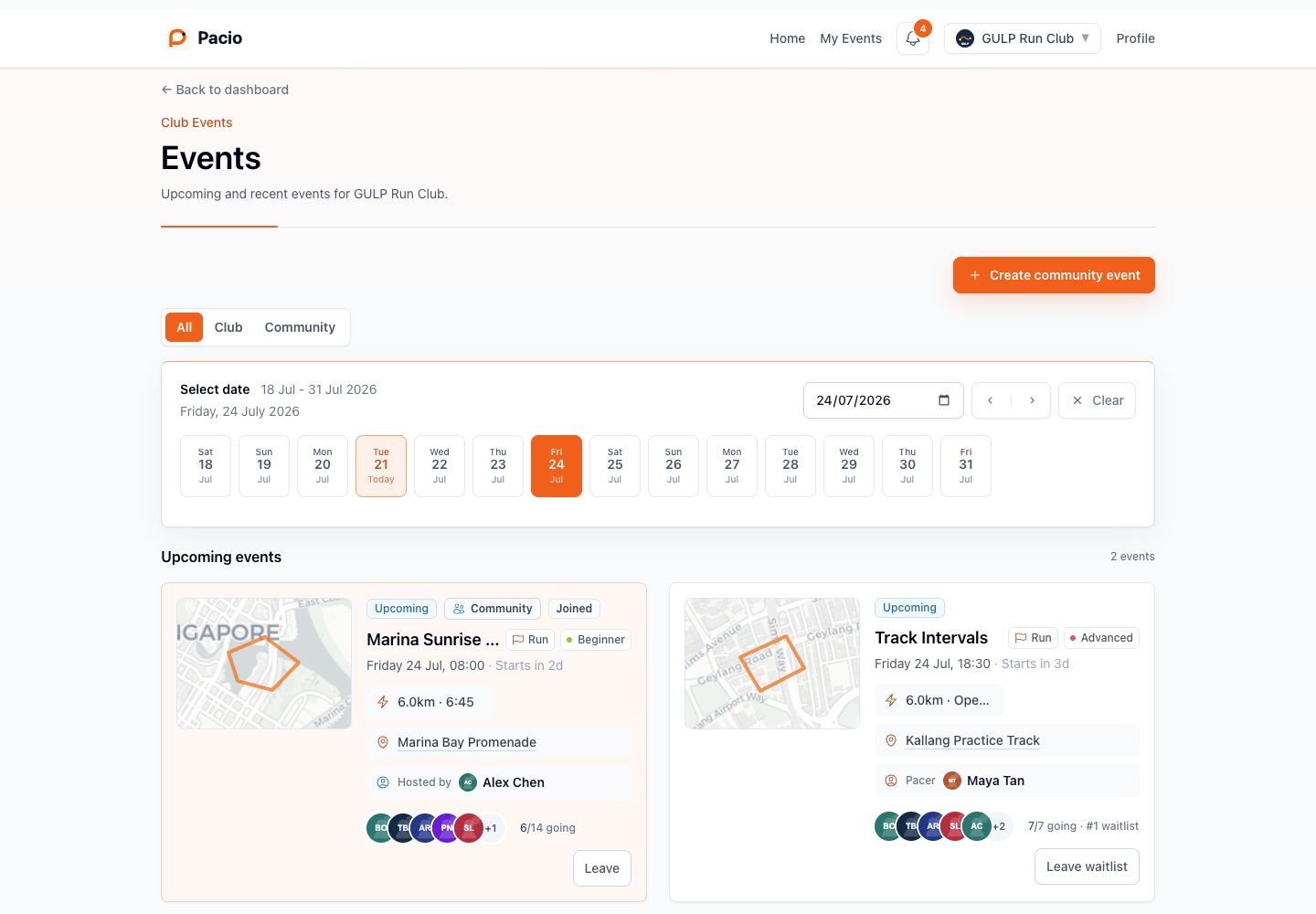 Pacio event calendar for GULP Run Club showing event filters, dates, and upcoming events