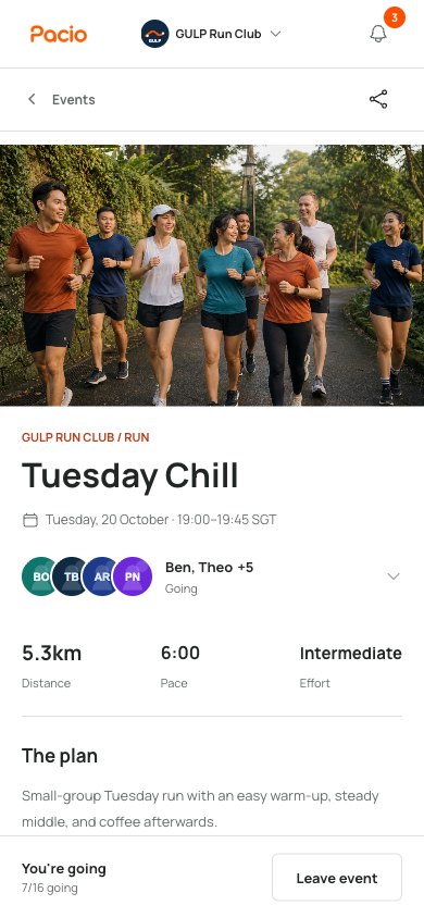 Tuesday Chill in the Pacio demo club, with a group photo, attendee avatars, run details, and a member's joined status