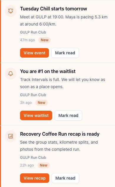 Pacio notifications showing an event reminder, waitlist position, and a new run recap
