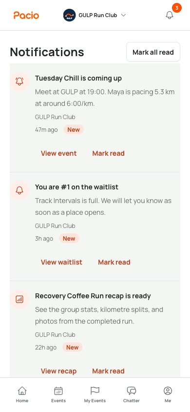 Pacio notifications showing an event reminder, waitlist position, and a new run recap