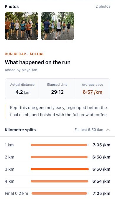 Pacio run recap showing photos, actual distance, elapsed time, average pace, kilometre splits, and a recap note